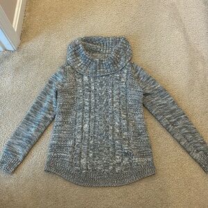 Gray and white heathered sweater with cowl neck